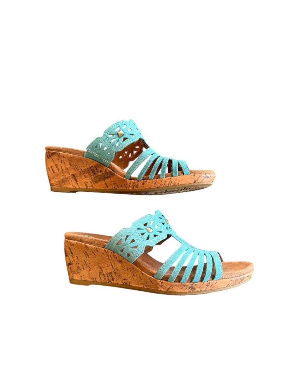 Size 7.5M Earth Origins Teal Blue Suede Laser Cutout Slide Wedge Sandals